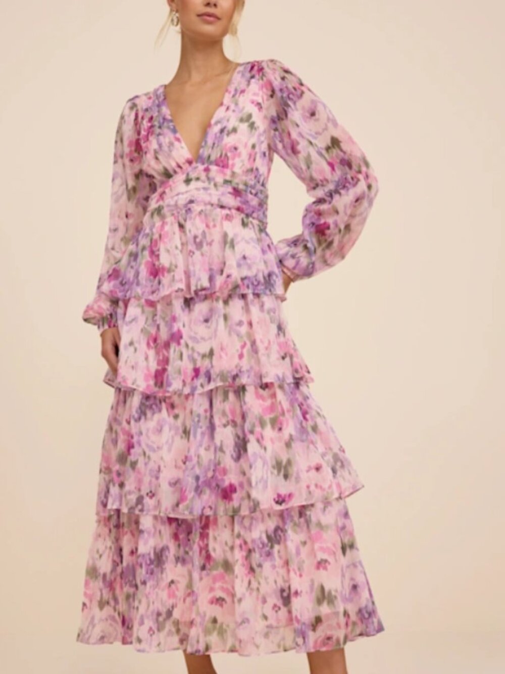 Lulus Macy Blush Multi Floral Tiered Midi Dress